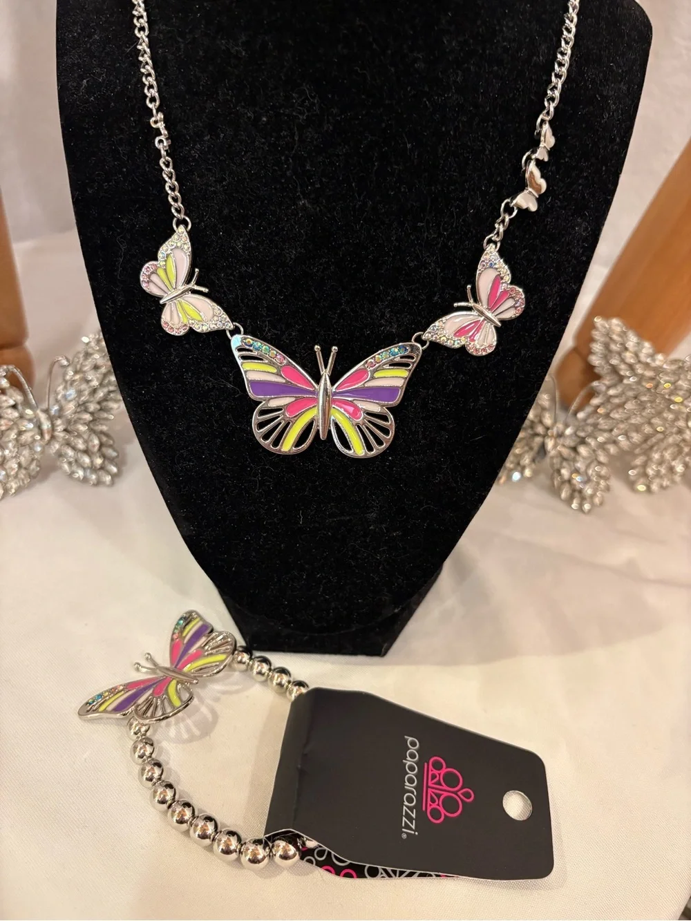 paparazzi Pink Purple Lime Butterfly Necklace and Hoop Earring Set